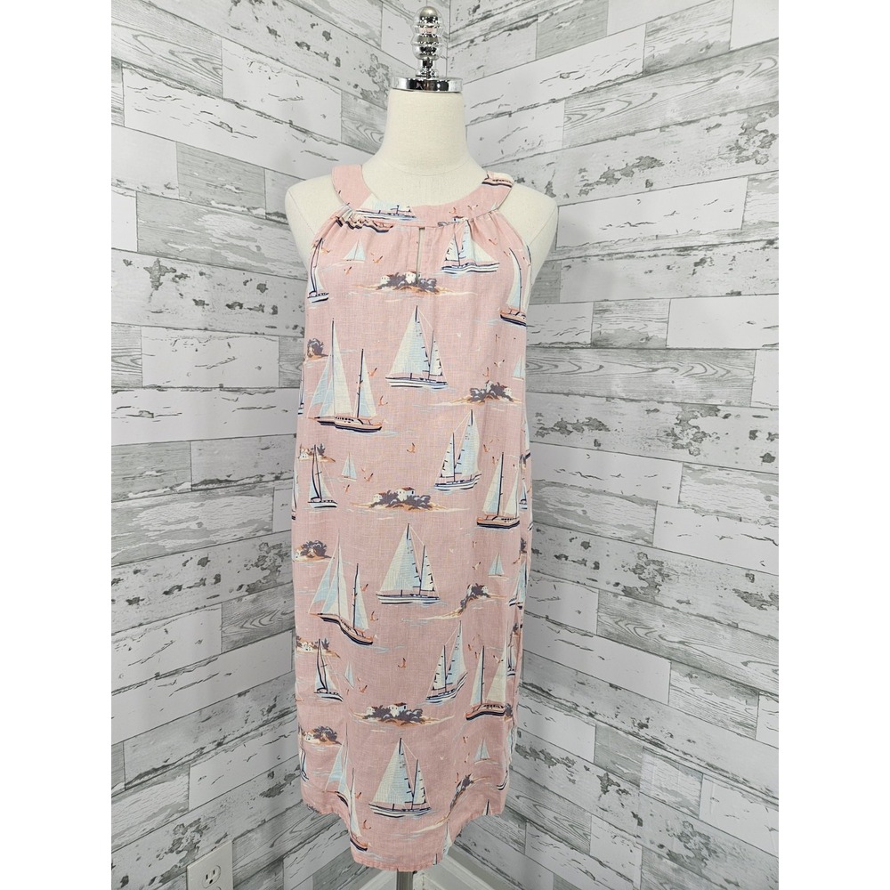 St Tropez West Pink Linen Sailboat Sleeveless Halter Dress Nautical Women M